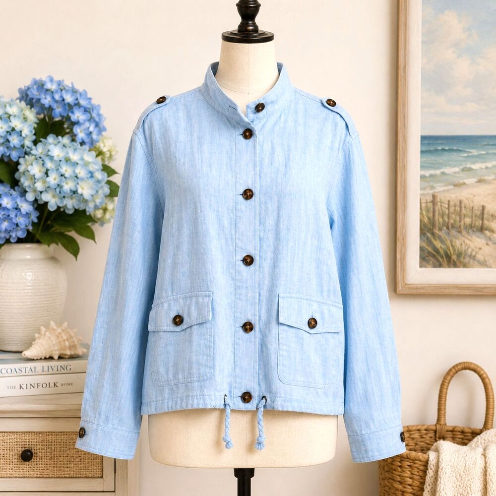 Talbots 2X Light Blue 100% Linen Jacket Plus Size Drawstring Utility Pockets